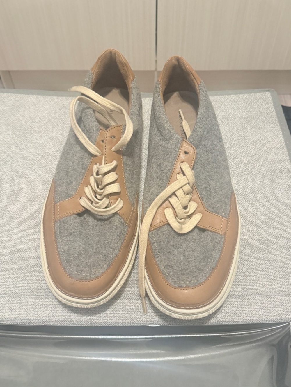 Hush Puppies: Gray Wool & Tan Leather Lace-Up Sneakers